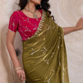 Olive Green Silk Saree Golden Zari Embroidery Border Matching Blouse