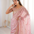 Pink Organza Silk Saree Golden Thread Embroidery Designer Blouse