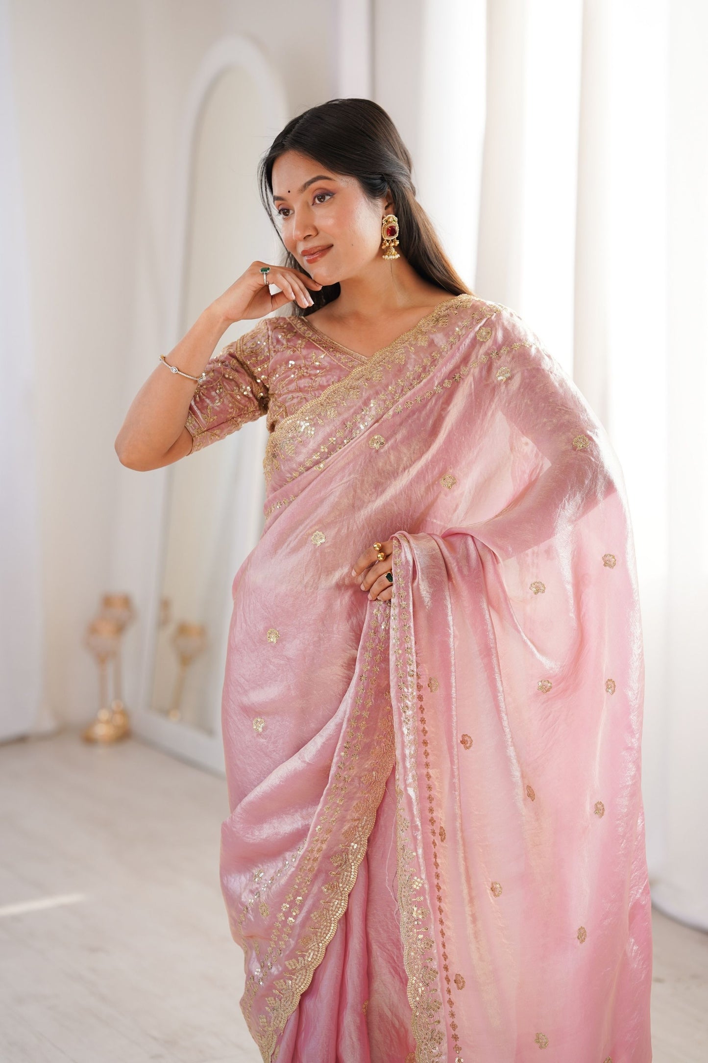 Pink Organza Silk Saree Golden Thread Embroidery Designer Blouse