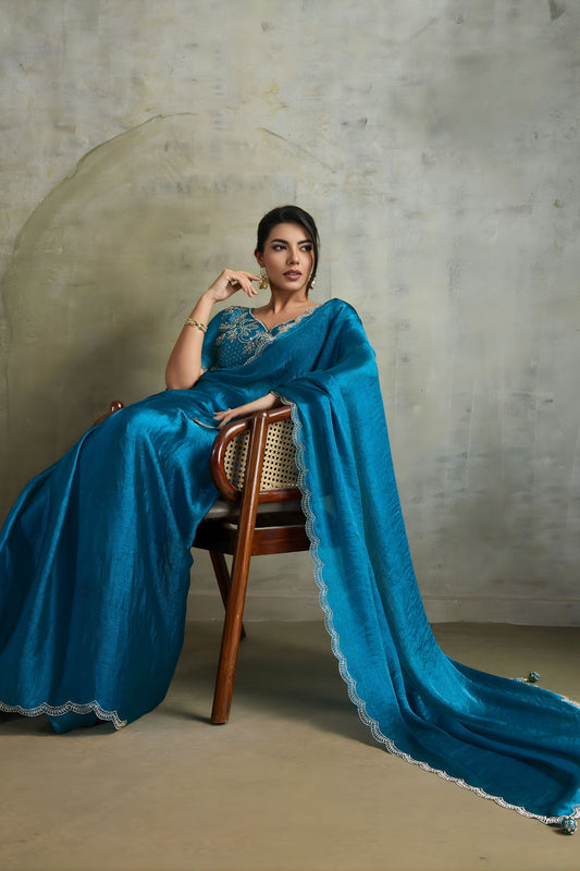 Teal Blue Chiffon Saree with Designer Embroidered Blouse