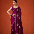 Wine Purple Embroidered Georgette Saree Floral Motifs Designer Border