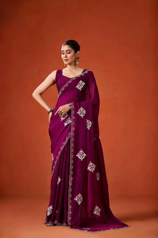 Wine Purple Embroidered Georgette Saree Floral Motifs Designer Border