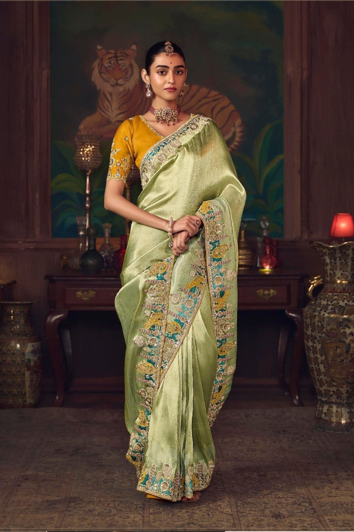 Light Green Silk Saree with Zari Embroidery and Mustard Blouse