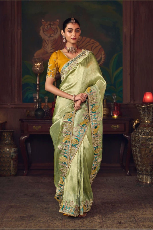 Light Green Silk Saree with Zari Embroidery and Mustard Blouse