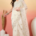 Off-White Embroidered Net Saree with Designer Border Party Wear Saree