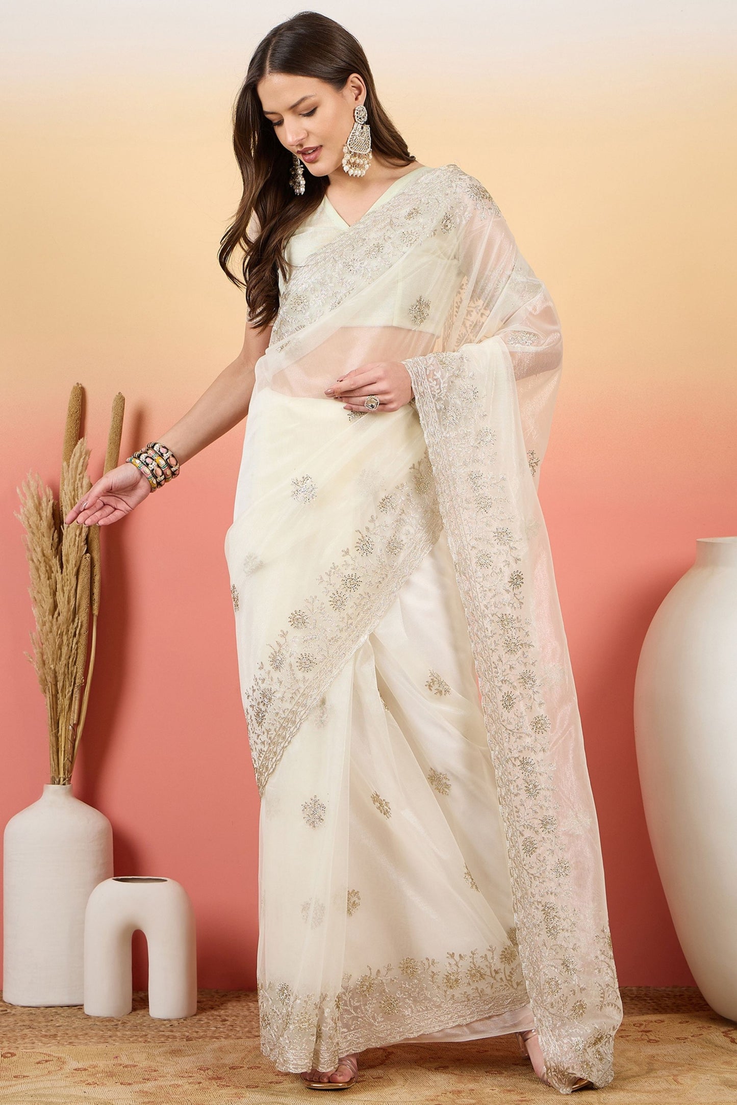 Off-White Embroidered Net Saree with Designer Border Party Wear Saree