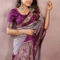 Grey Silk Saree with Wine Purple Zari Woven Border Designer Pallu