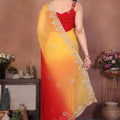 Red Yellow Ombre Georgette Saree with Embroidered Border Work