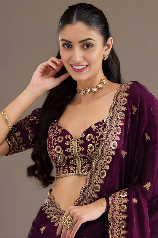 Wine Purple Silk Saree Heavy Zari Embroidery Border Designer Blouse