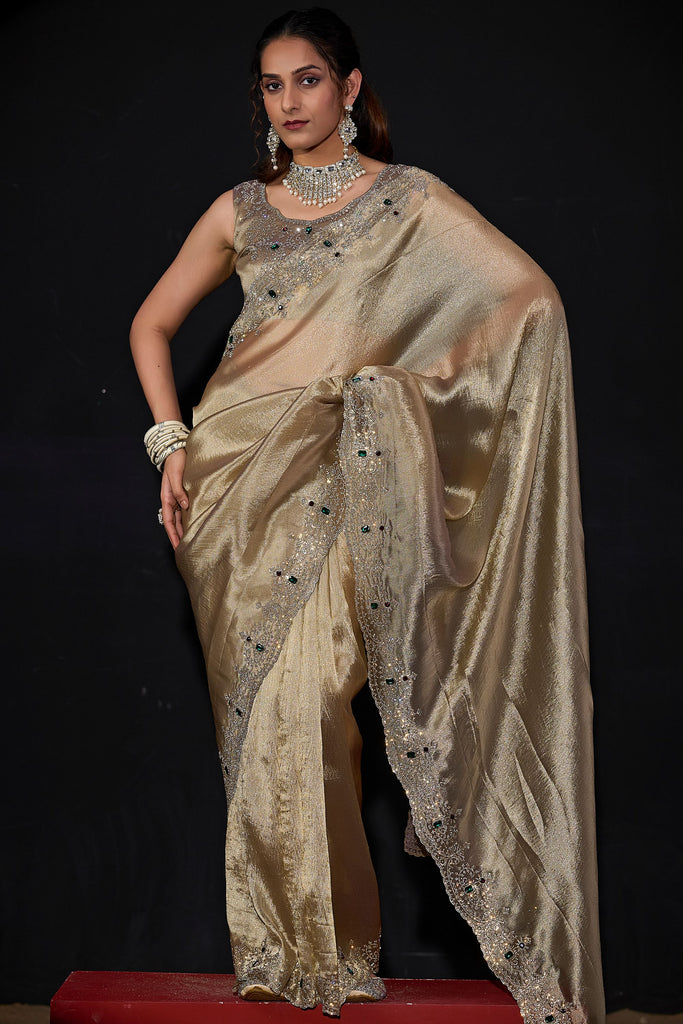 Gold Shimmer Silk Saree with Heavy Zari Stone Embroidered Border 