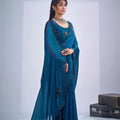 Royal Blue Organza Silk Saree Black Floral Embroidery Designer Blouse