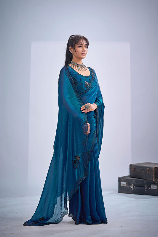 Royal Blue Organza Silk Saree Black Floral Embroidery Designer Blouse