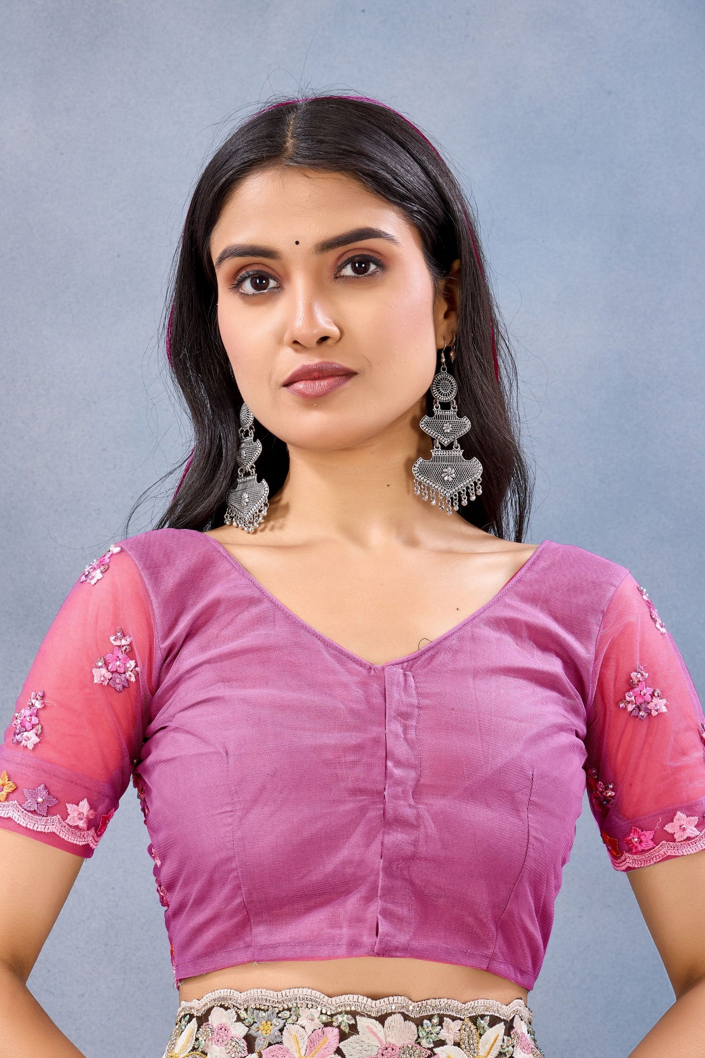 Designer Hot Pink Floral Embroidered Net Saree with Heavy Border