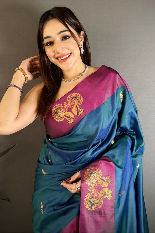 Navy Blue Soft Silk Saree with Magenta Border Designer Pallu
