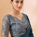 Teal Blue Designer Saree with Grey Embroidered Blouse