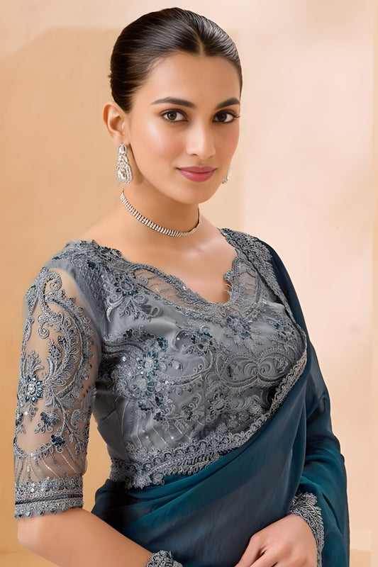 Teal Blue Designer Saree with Grey Embroidered Blouse