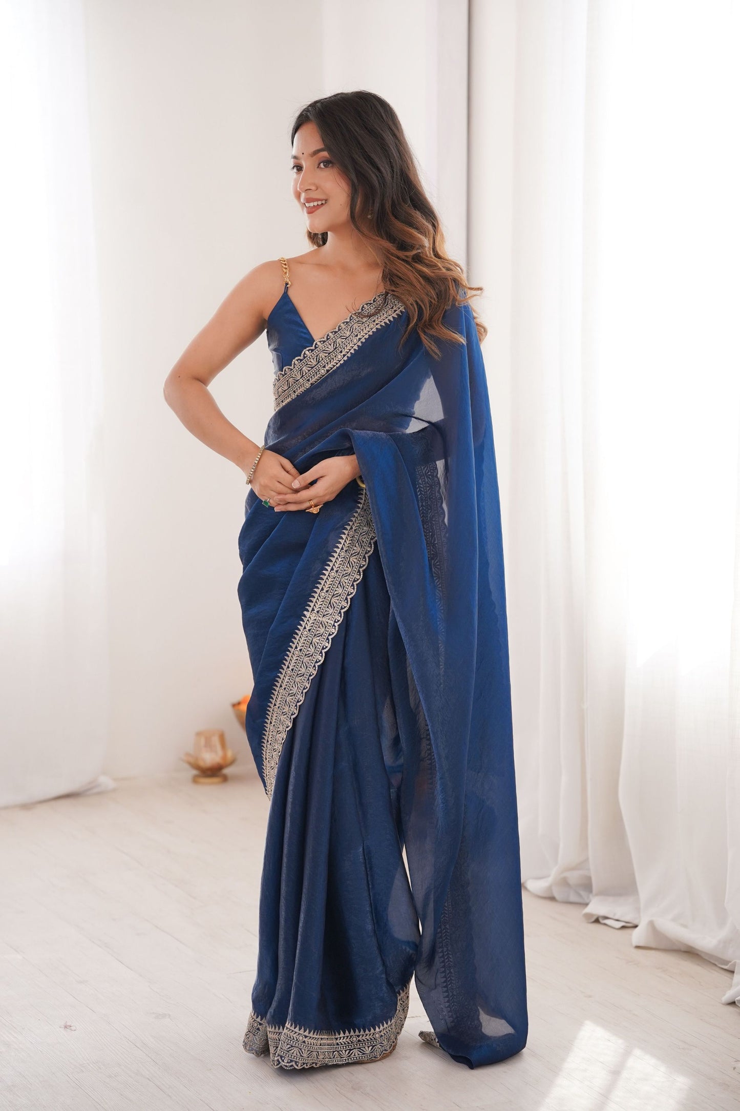 Navy Blue Organza Saree with Designer Embroidered Border