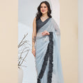Sky Blue Organza Ready To Wear Saree Designer Black Ruffle Border