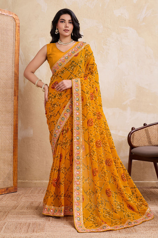 Mustard Yellow Printed Saree Traditional Motif Design Decorative Border 