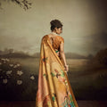 Mustard Gold Linen Silk Saree Teal Floral Digital Print Designer Tassel Pallu