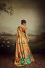 Mustard Gold Linen Silk Saree Teal Floral Digital Print Designer Tassel Pallu