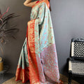Sky Blue Orange Kanjivaram Silk Saree Traditional Zari Woven Saree