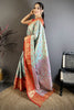 Sky Blue Orange Kanjivaram Silk Saree Traditional Zari Woven Saree
