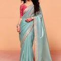 Sea Green Designer Saree Embroidered Border Contrast Blouse