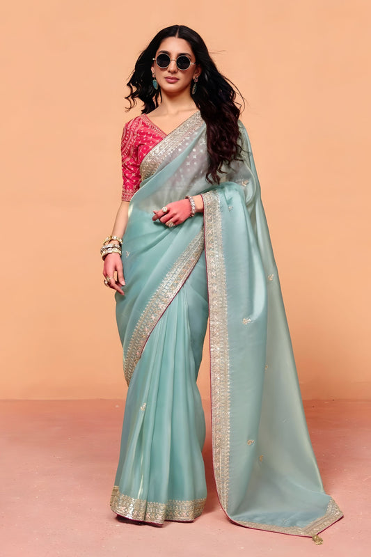Sea Green Designer Saree Embroidered Border Contrast Blouse