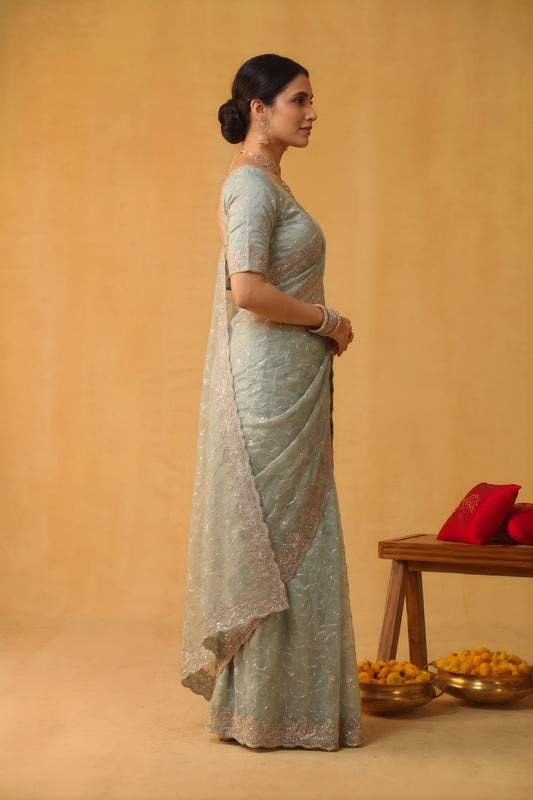 Mint Green Net Saree Heavy Silver Embroidered Border Designer Blouse
