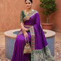 Royal Purple Silk Saree with Green Red Contrast Border
