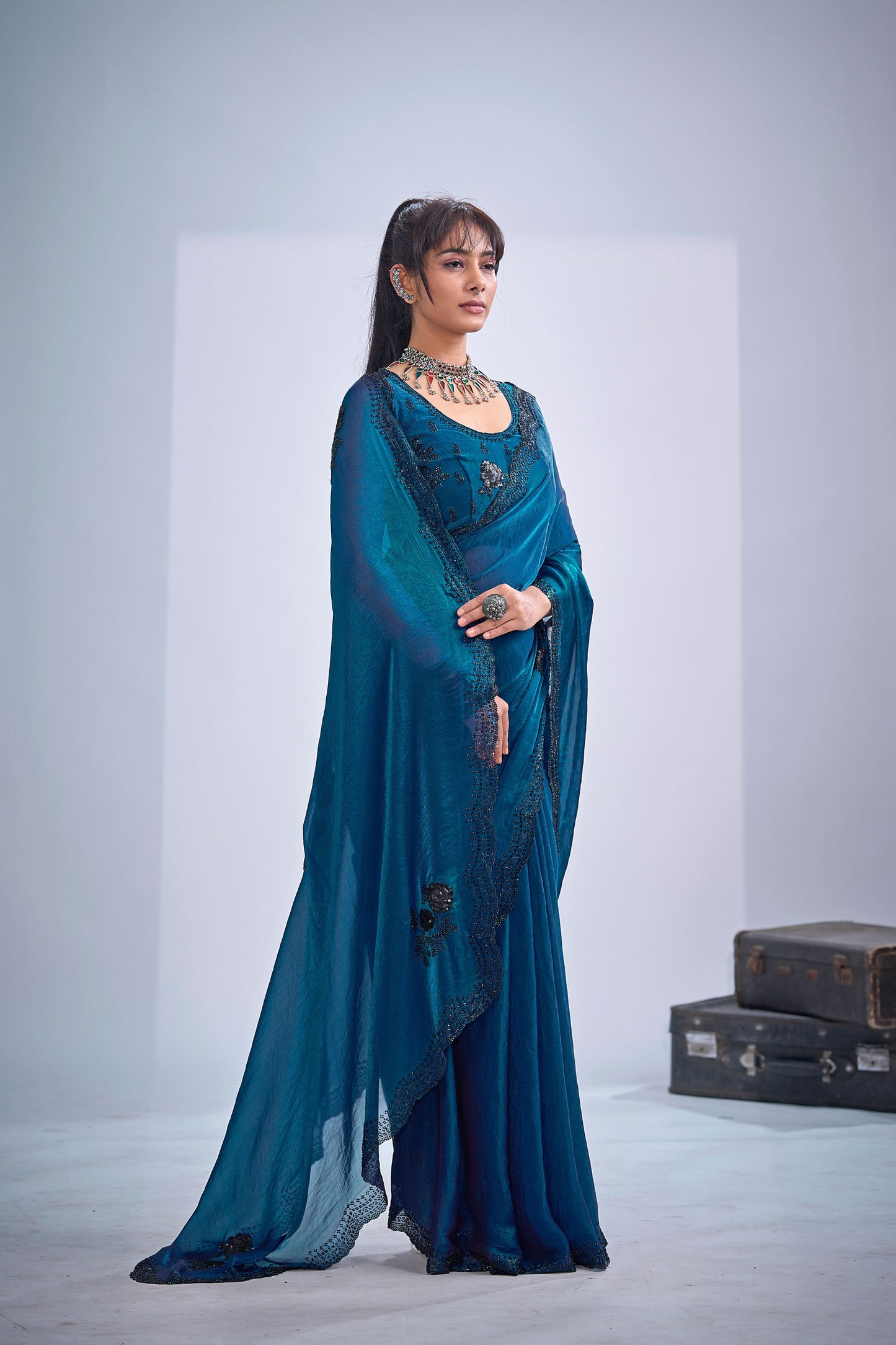 Teal Blue Organza Saree with Black Floral Embroidery Designer Saree