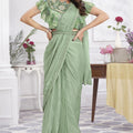 Sage Green Designer Saree with Floral Embroidered Ruffle Blouse