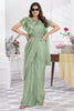 Sage Green Designer Saree with Floral Embroidered Ruffle Blouse