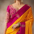 Mustard Yellow Silk Saree with Rani Pink Contrast Border