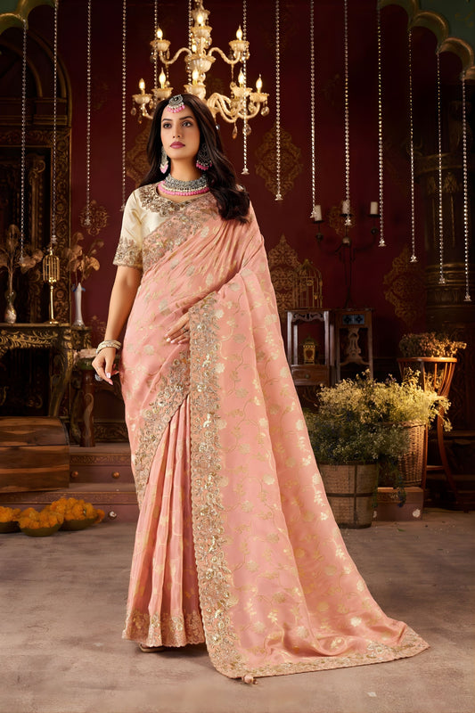 Peach Pink Embroidered Designer Saree with Heavy Gold Work 