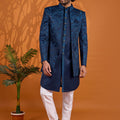 Royal Navy Blue Indo Western Sherwani Designer Jacquard Jacket 