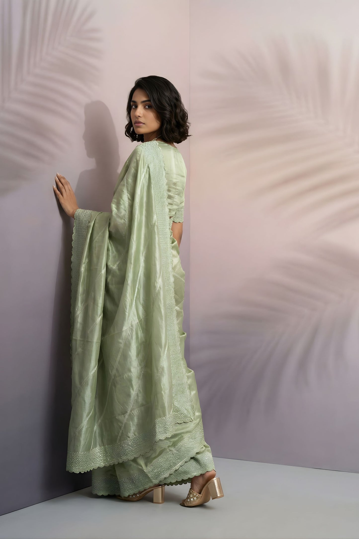 Pastel Green Silk Saree with Embroidered Border Designer Blouse