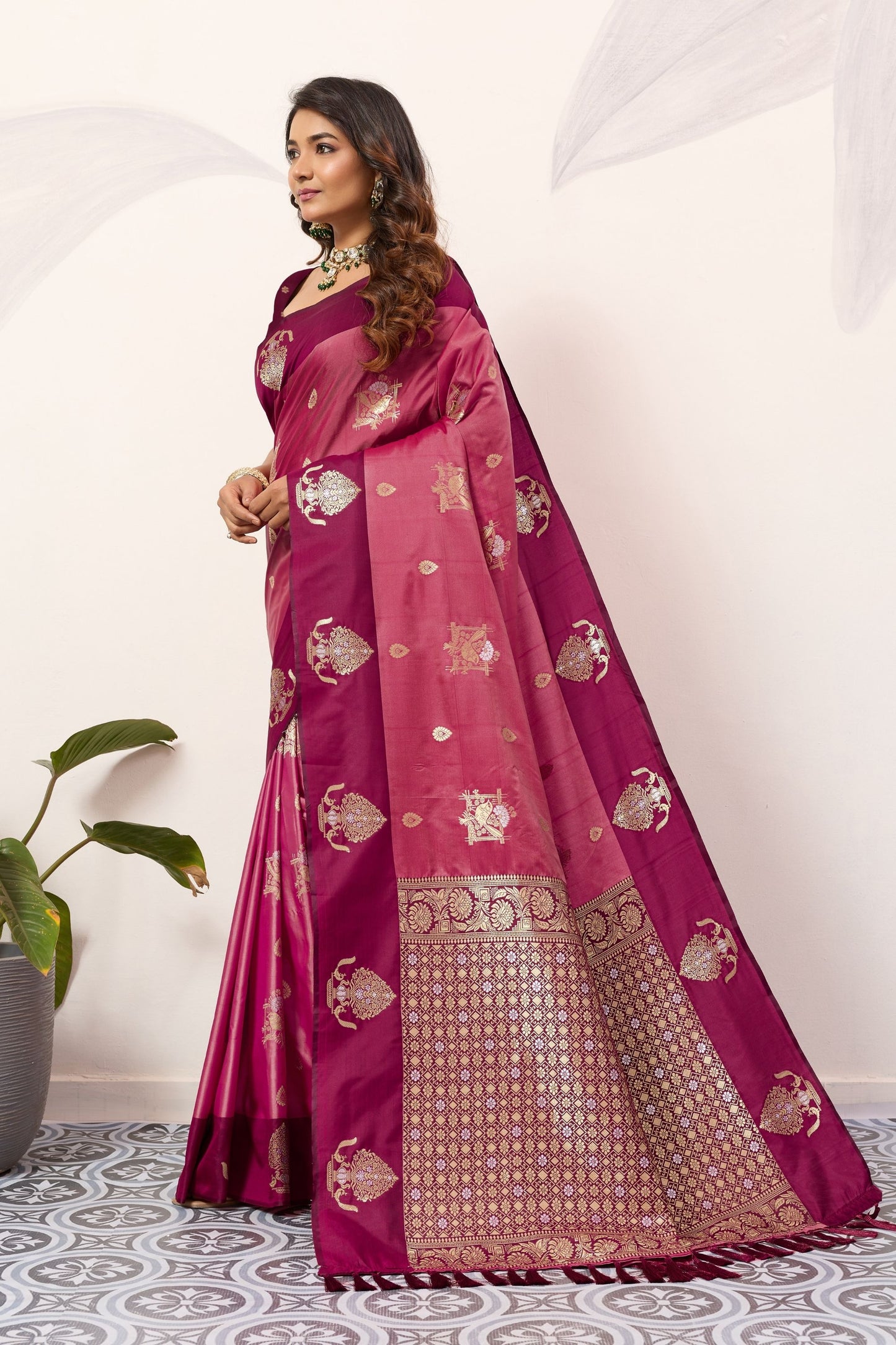Rani Pink Wine Kanjivaram Silk Saree with Rich Gold Zari Border