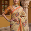 Beige Printed Linen Silk Saree with Floral Design and Orange Border