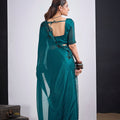 Teal Green Organza Silk Saree Black Floral Embroidery Designer Saree