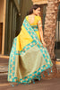 Yellow Silk Saree with Teal Green Contrast Border Floral Zari Work