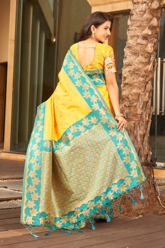 Yellow Silk Saree with Teal Green Contrast Border Floral Zari Work