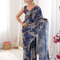 Navy Blue Floral Digital Printed Linen Saree with Designer Lace Border
