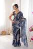 Navy Blue Floral Digital Printed Linen Saree with Designer Lace Border