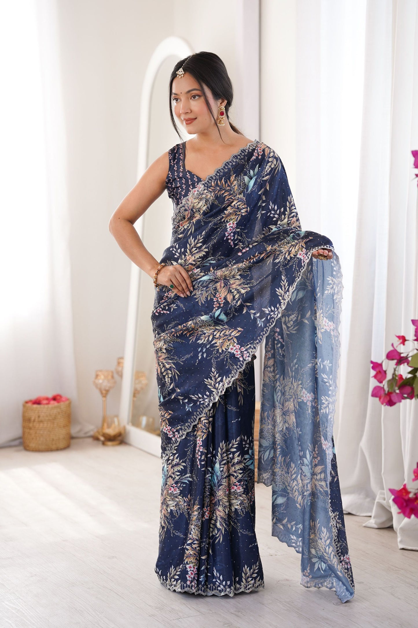Navy Blue Floral Digital Printed Linen Saree with Designer Lace Border