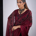 Wine Maroon Organza Saree with Black Embroidery Designer Saree