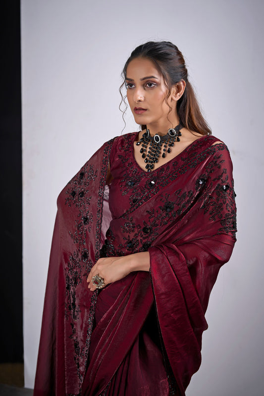 Wine Maroon Organza Saree with Black Embroidery Designer Saree