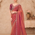 Peach Pink Organza Saree  Embroidered Border Designer Blouse 