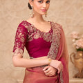 Peach Pink Organza Saree  Embroidered Border Designer Blouse